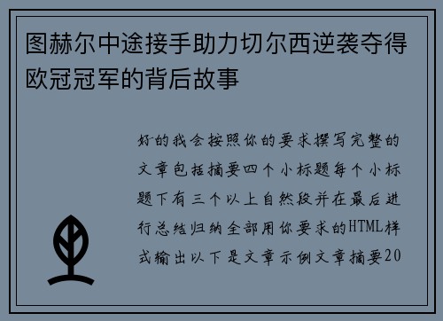 图赫尔中途接手助力切尔西逆袭夺得欧冠冠军的背后故事