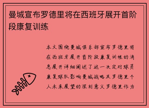 曼城宣布罗德里将在西班牙展开首阶段康复训练 曼城宣布罗德里将在西班牙展开首阶段康复训练